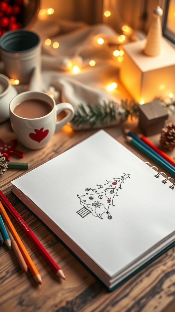 Easy Christmas Drawing Ideas A sketchbook with a Christmas tree drawing, surrounded by colored pencils and a cup of cocoa on a festive table.
